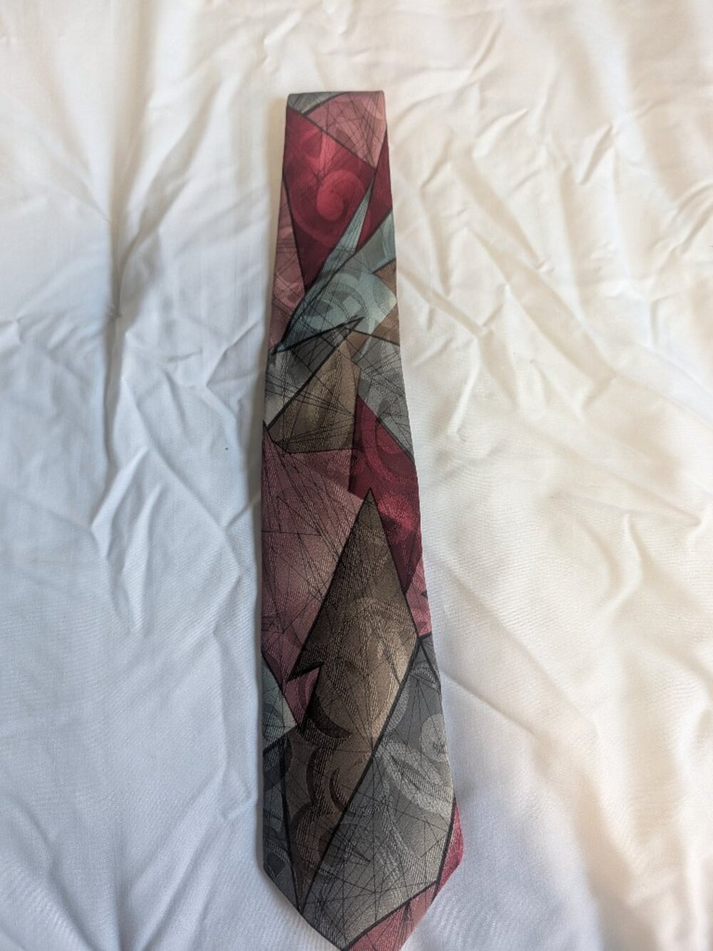 Ferracci Extra Long 100% Silk Men's Neck Tie Abstract Geometric Burgundy Gray